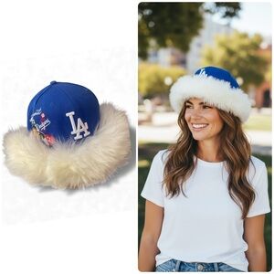 Blue LA Cap with White Fur Trim custom made fit a small to medium